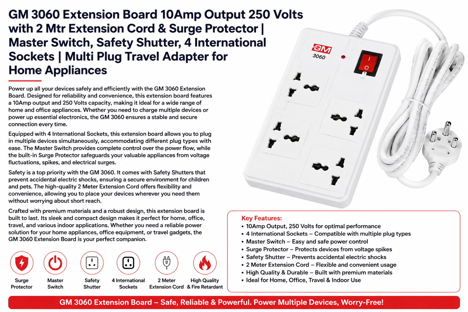 GM 3060 Extension Board 10Amp 250V with 2 Meter Cord & Surge Protector | 4 International Sockets Multi Plug Power Strip for Home, Office & Travel